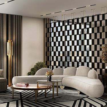 FITZROY SOFA, LURAY CENTER TABLE, MECCA SIDE TABLE, CYRUS FLOOR LIGHT